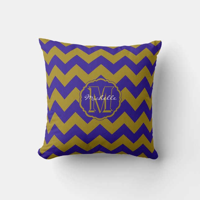 SC Monogram Zickzack, Blue-Gold Square Pillow Kissen (Vorderseite)