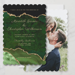 Scallop Edge Gold Green Agate Foto Hochzeit Einladung