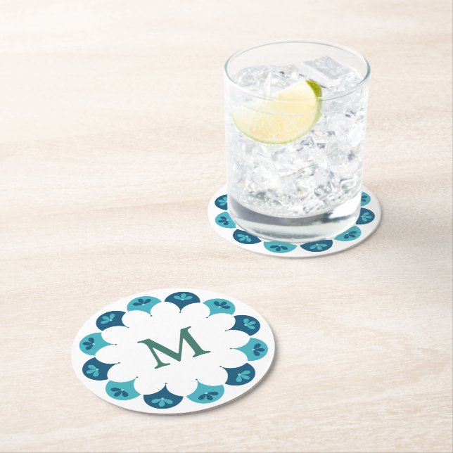 Scallop Floral Custom Colors Monogramm Runder Pappuntersetzer (Vor Ort)