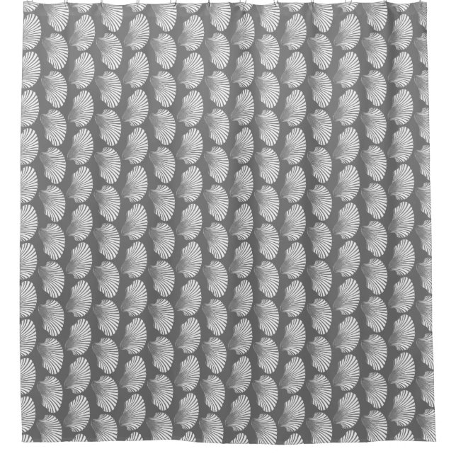 Scallop Muschel Block Print, grau / grau und weiß Duschvorhang (Vorderseite)