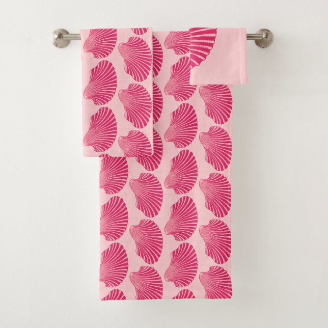 Scallop Muschel Blockdruck, Fuchsia und Pink Badhandtuch Set (Insitu)