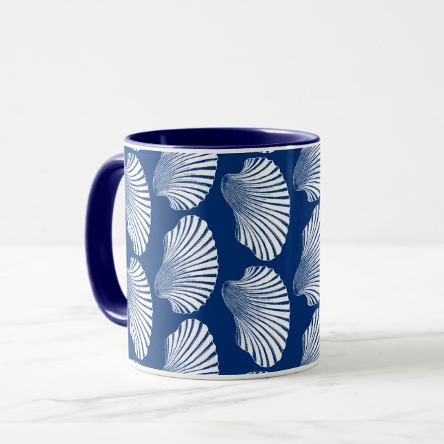 Scallop Muschel Blockdruck, Kobalt Blau und Weiß Tasse (Vorderseite Links)