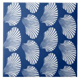 Scallop Muschel Blockdruck, Navy Blue und White Fliese