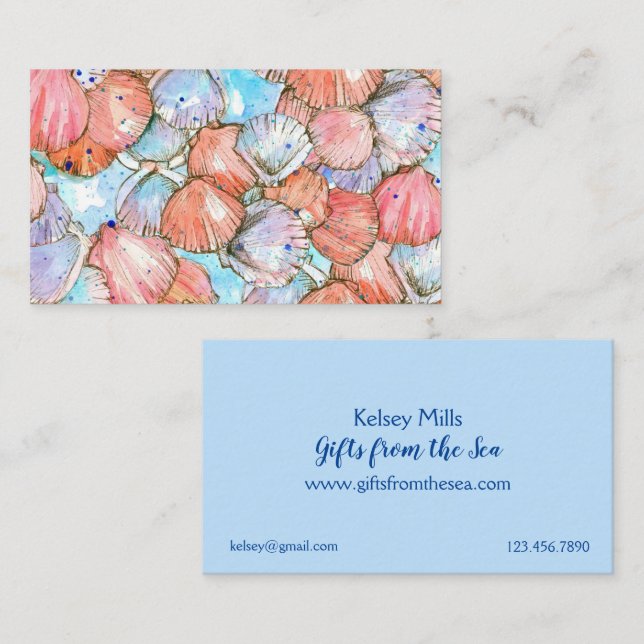Scallop-Muscheln Seashells Ocean Watercolor Visitenkarte (Vorne/Hinten)