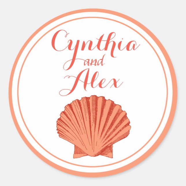 Scallop Seashell Beach Wedding | Pfirsich Runder Aufkleber (Vorderseite)