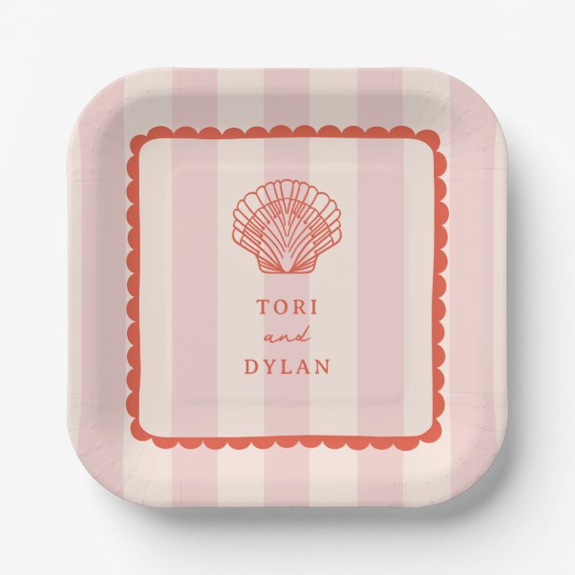 Scallop Seashell Pink Streifen tropische Hochzeit Pappteller (Vorderseite)