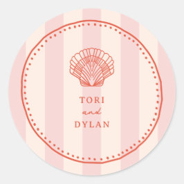 Scallop Seashell Pink Tropical Stripe Hochzeit Runder Aufkleber