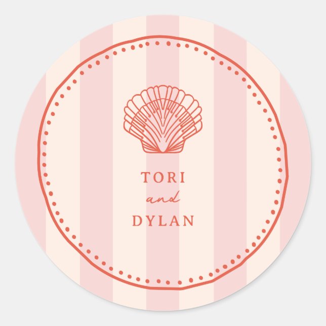 Scallop Seashell Pink Tropical Stripe Hochzeit Runder Aufkleber (Vorderseite)