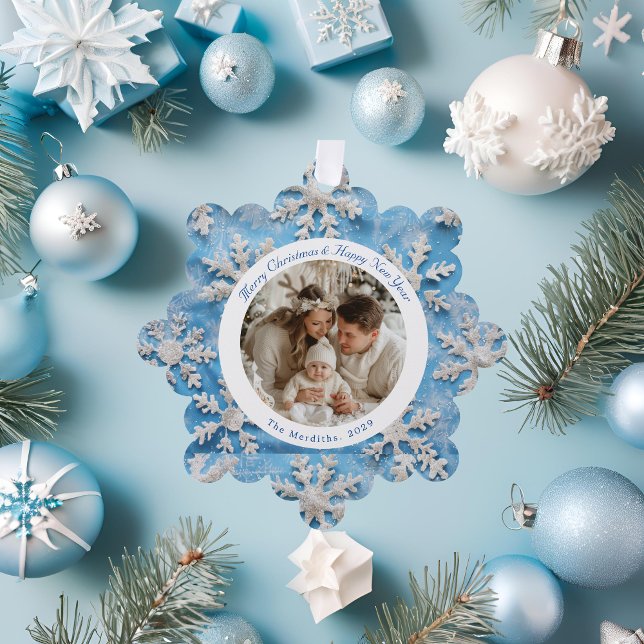 Scallop Treppendekoration Blaue Schneeflocke Foto Ornament Karte (Scallop Christmas Snowflake Decoration)
