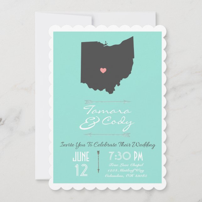 Scalloped Aqua Green Ohio Staat Hochzeit Einladung (Vorderseite)