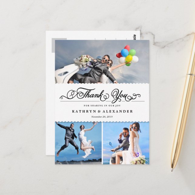 Scalloped Band und Script Foto Hochzeit Vielen Dan Postkarte (Vorderseite/Rückseite Beispiel)