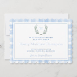 Scalloped Blue Gingham Laurel Wappen Ankündigung