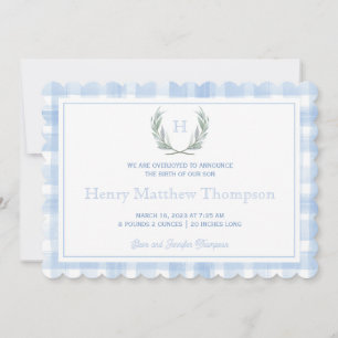 Scalloped Blue Gingham Laurel Wappen Ankündigung