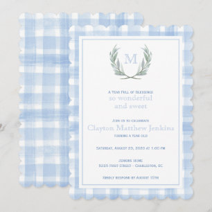Scalloped Blue Gingham Laurel Wappen Erster Geburt Einladung