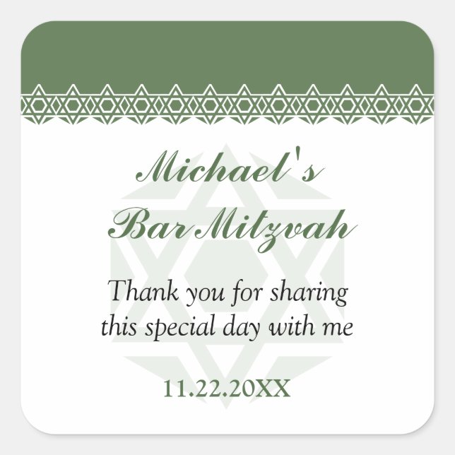 Scalloped Olive Star von David Bar-Bat Mitzvah Quadratischer Aufkleber (Vorderseite)