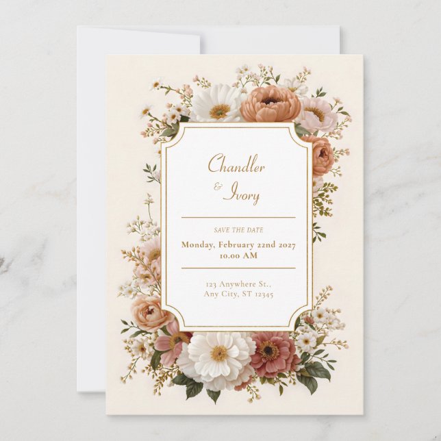 Scalloped Terracotta Peach Wildflower Wedding Einladung (Vorderseite)