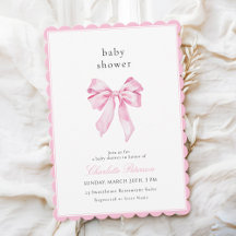 Scallopped Pink Bow Baby Shower Invitation