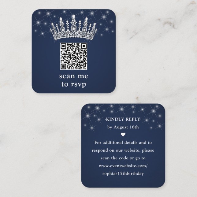 Scan Me RSVP QR Code Quinceañera Crown Navy Blue Begleitkarte (Vorne/Hinten)