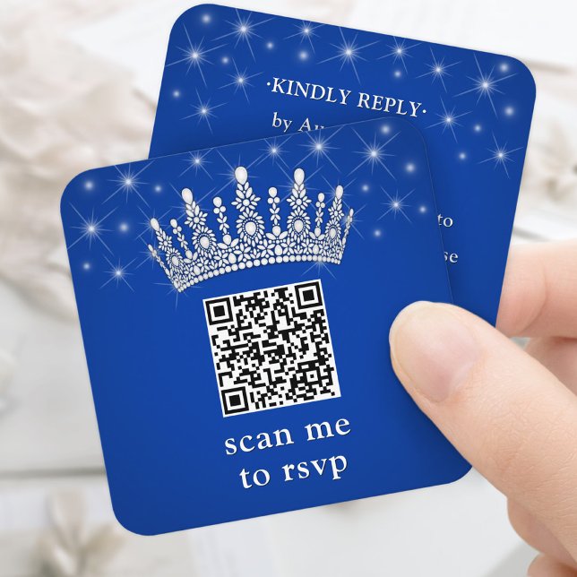 Scan Me RSVP QR Code Quinceañera Crown Royal Blue Begleitkarte (Von Creator hochgeladen)