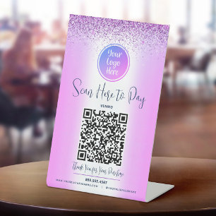 Scan-Pay für lila Glitzer QR-Code für benutzerdefi Sockelschild