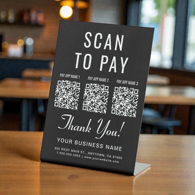 Scan to Pay 3 QR Codes Black Tabletop Sockelschild (Scan to Pay 3 QR Codes Black Tabletop Pedestal Sign)