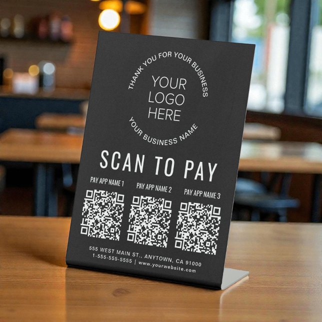 Scan to Pay 3 QR Codes Business Logo Black Sockelschild (Scan to Pay 3 QR Codes Business Logo Black Pedestal Sign)