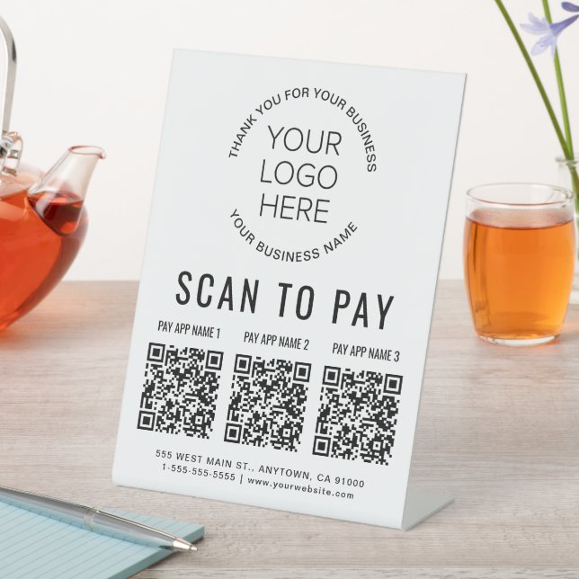 Scan to Pay 3 QR Codes - Business-Logo Sockelschild (In Situ)
