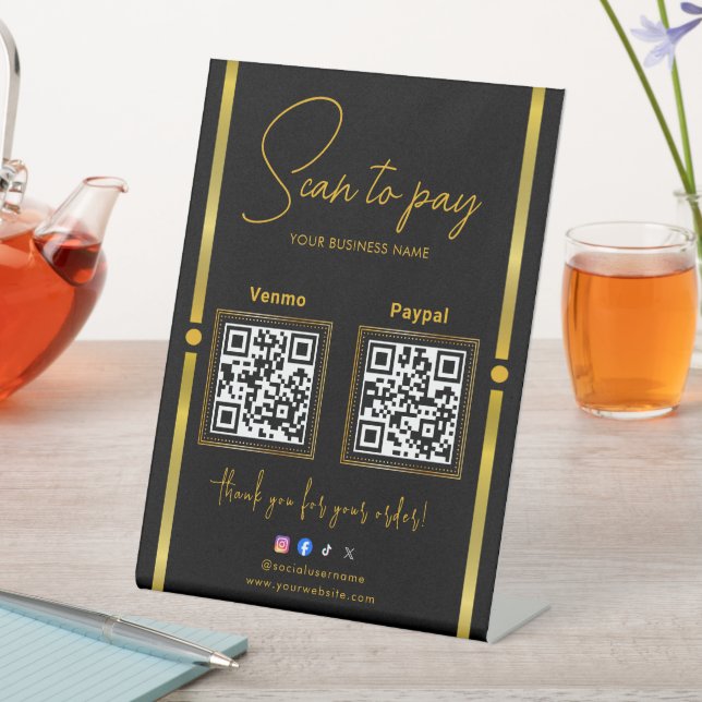 Scan to Pay Black & Gold Logo Payment QR Codes Sockelschild (In Situ)