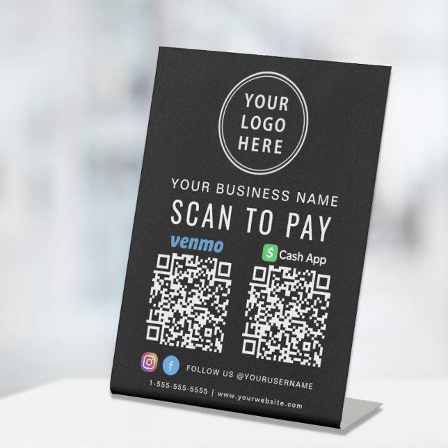 Scan to Pay Logo CashApp Venmo QR Codes Black Sockelschild (A QR code sign to effortlessly connect your customers to your payment platforms)