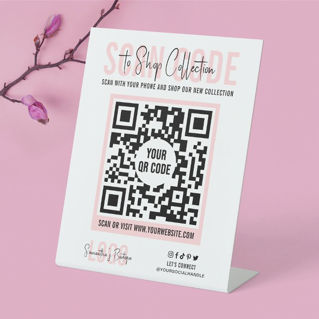 Scan to Pay or Shop Feminine Pink Moderner QR Code Sockelschild (Make it easy for clients to shop your collection with this QR code pedestal sign in pink and white)