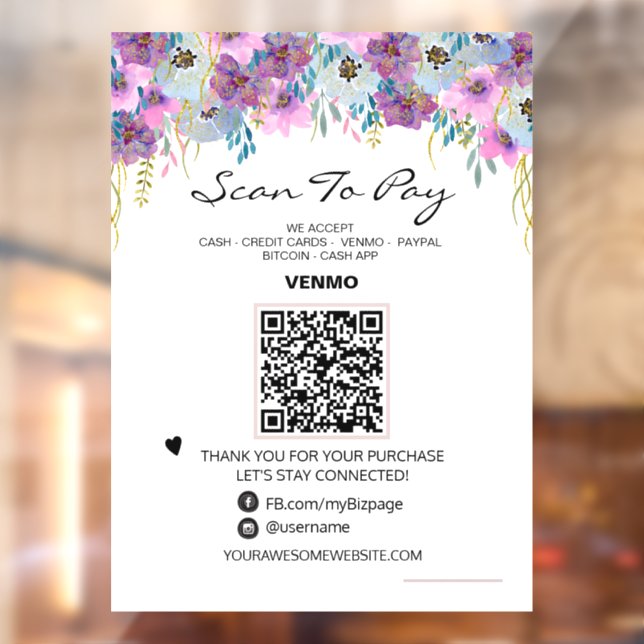 *~* Scan to PAY QR Code Payment FLORAL Window Cli Fensteraufkleber (Blatt 2)