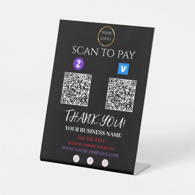 Scan to Pay Zelle Venmo QR-Code Sockelschild (Vorderseite)