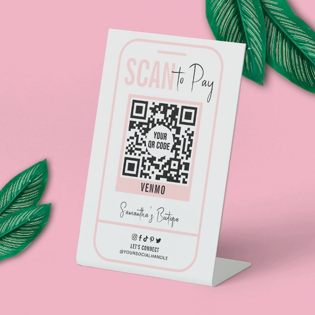 Scan to Push Pink Moderne Logo QR Code Sockelschild (Make custom phone payment QR code signs for your business with this trendy pink and white design)