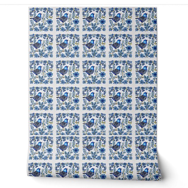 Scandi Blue Bird, Folk Art Tapete (Abrollen)
