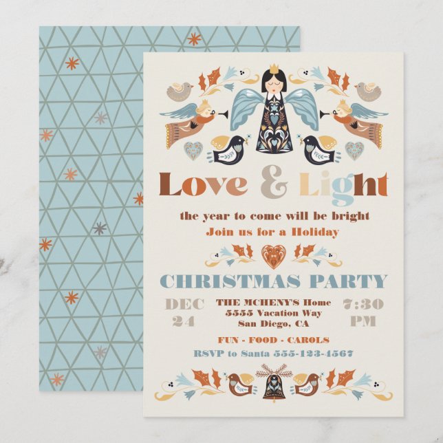 Scandi Folk Art Liebe und Light Christmas Party Einladung (Vorne/Hinten)