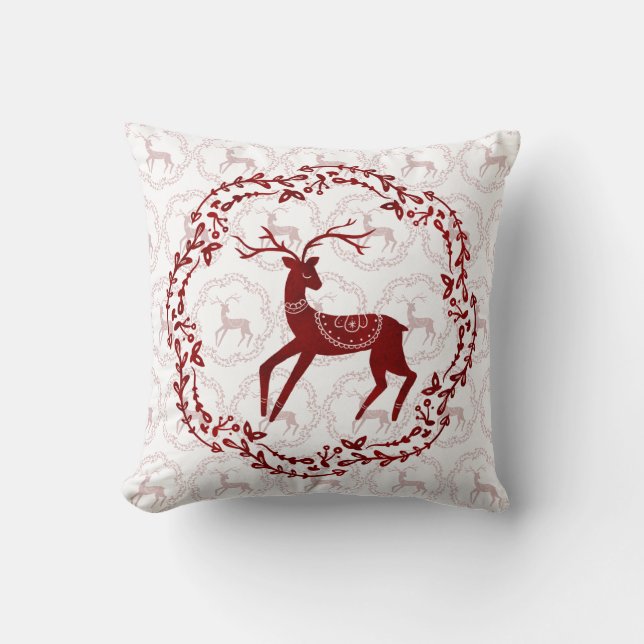 Scandi Folk Art Weihnachtsstil Hirsch & Vögel Kissen (Vorderseite)