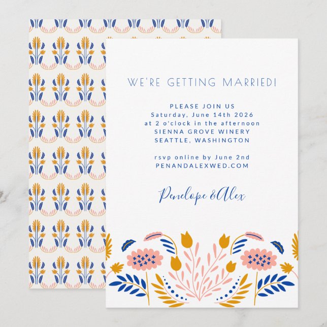 Scandi Folk Blume Blau Gelbe Lässige Hochzeit Einladung (Vorne/Hinten)