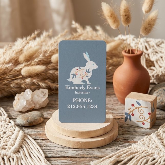 SCANDI Rabbit Floral Navy Babysitter QR Code Visitenkarte (Von Creator hochgeladen)