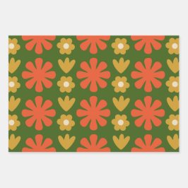 Scandi Retro Floral Folk Art Patterns Orange Green Geschenkpapier Set