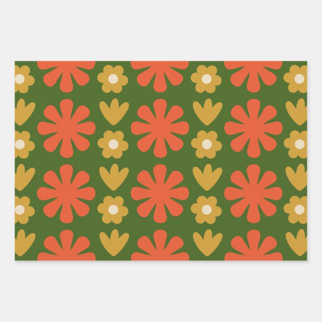 Scandi Retro Floral Folk Art Patterns Orange Green Geschenkpapier Set (Vorderseite)