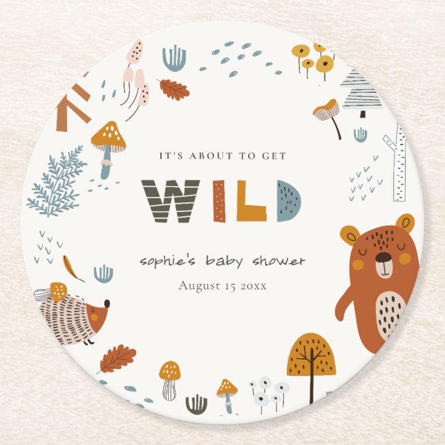 Scandi Wild Tropical Woodland Animals Baby Dusche Runder Pappuntersetzer (Vorderseite)