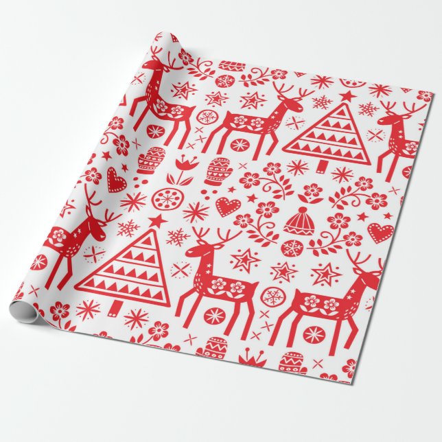 SCANDINAVIAN CHRISTMAS RED PATTERS GESCHENKPAPIER (Ungerollt)