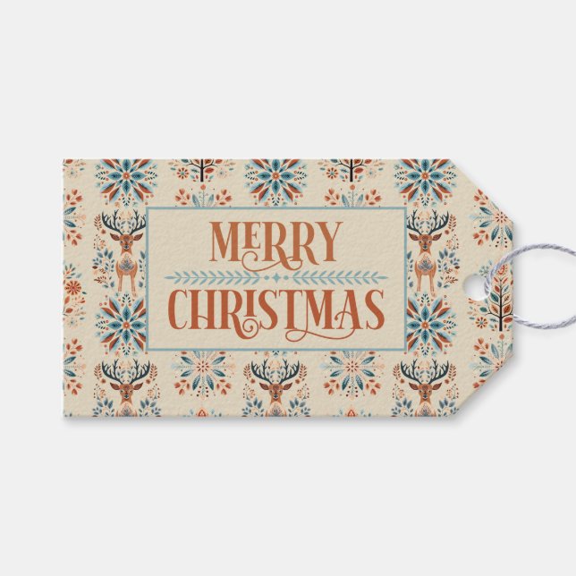 Scandinavian Deer Holiday Geschenkanhänger (Vorderseite (Horizontal))