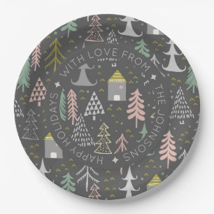 Scandinavian Doodle Christmas Village personalisie Pappteller