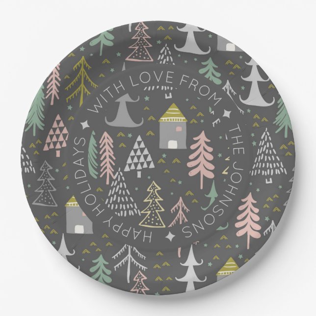 Scandinavian Doodle Christmas Village personalisie Pappteller (Vorderseite)