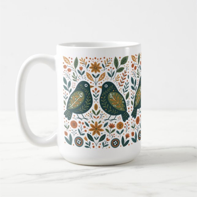 Scandinavian Folk Art Birds and Floral Pattern Mug Kaffeetasse (Links)