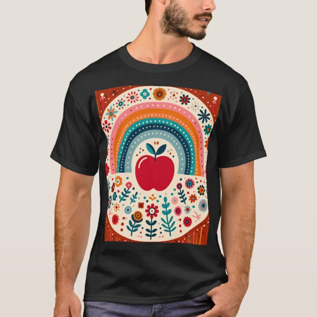 Scandinavian Folk Art Red Apple and Rainbow family T-Shirt (Vorderseite)