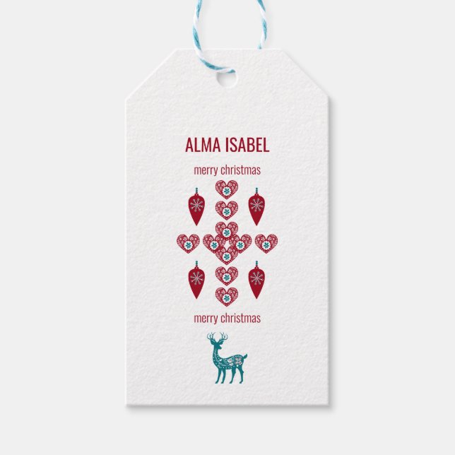 Scandinavian Hearts Rentier Personalize Name Xmas Geschenkanhänger (Vorderseite)