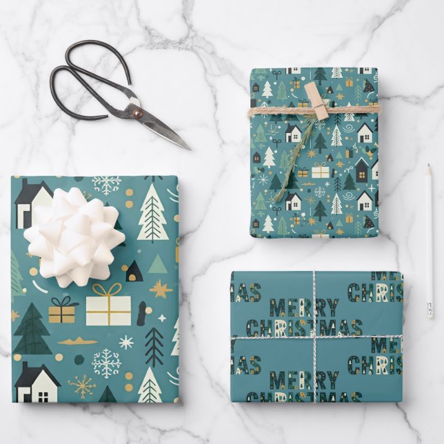 Scandinavian Merry Christmas Tree Winter Snow Geschenkpapier Set (Vorderseite)