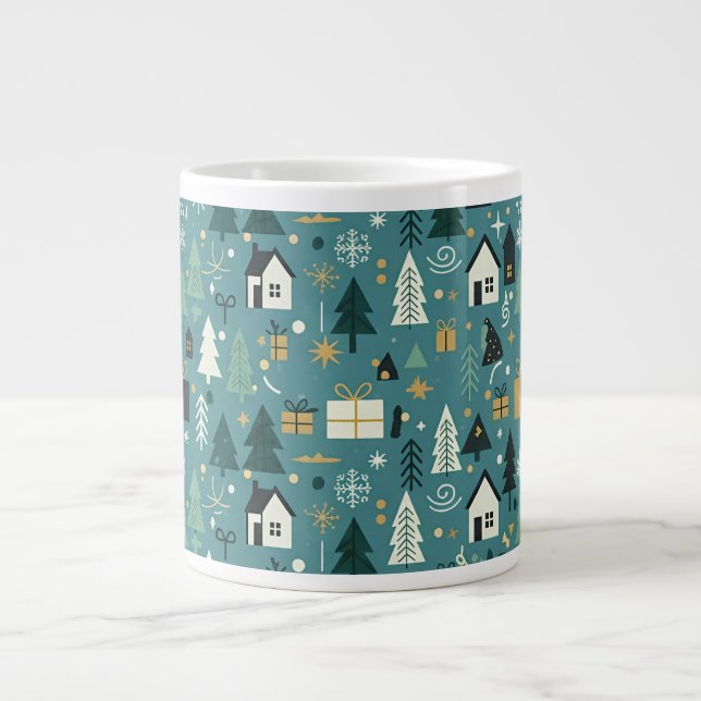 Scandinavian Merry Christmas Tree Winter Snow Jumbo-Tasse (Vorderseite)